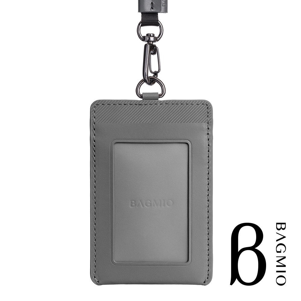 BAGMIO 牛皮直式雙卡證件套 -迷霧灰 (附織帶/霧面證件視窗)