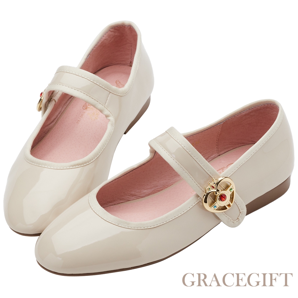 【Grace Gift】美少女戰士Crystal變身器飾釦平底瑪莉珍鞋 杏漆