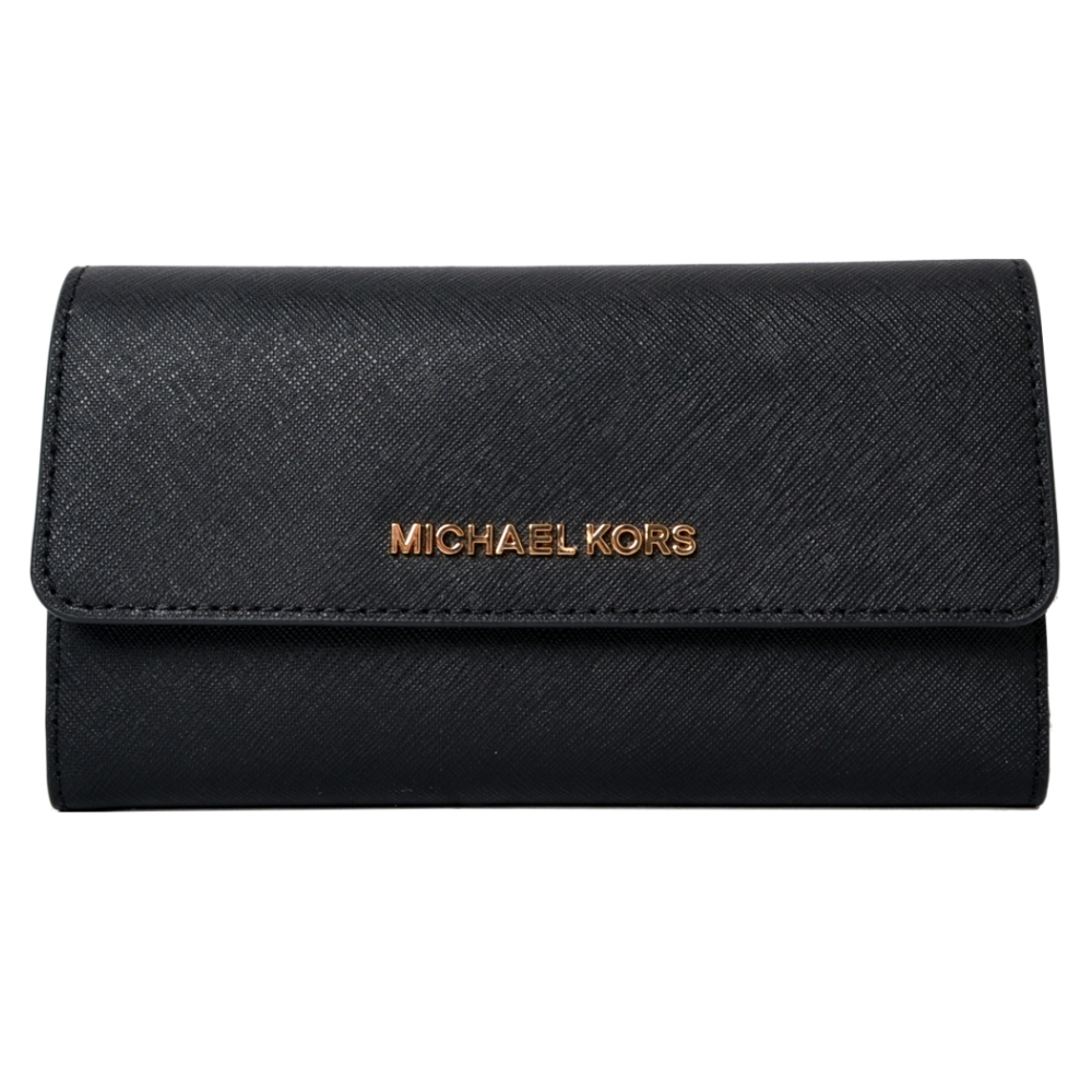 MICHAEL KORS JET SET TRAVEL 金字防刮皮革翻蓋長夾-黑