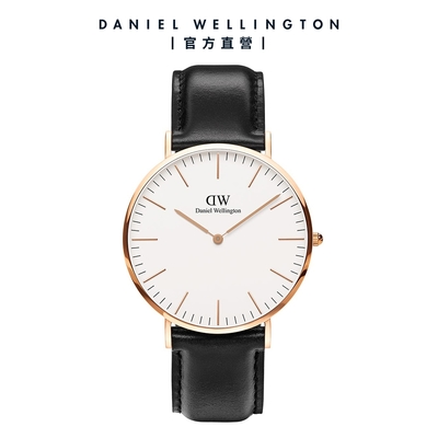 Daniel Wellington DW 手錶 Classic Sheffield 40mm爵士黑真皮皮革錶-白錶盤-玫瑰金框 DW00100007