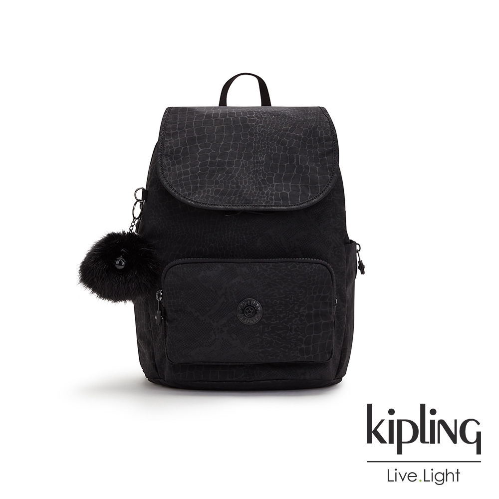 Kipling 時髦黑佐鱷魚紋掀蓋式拉鍊後背包-CAYENNE S