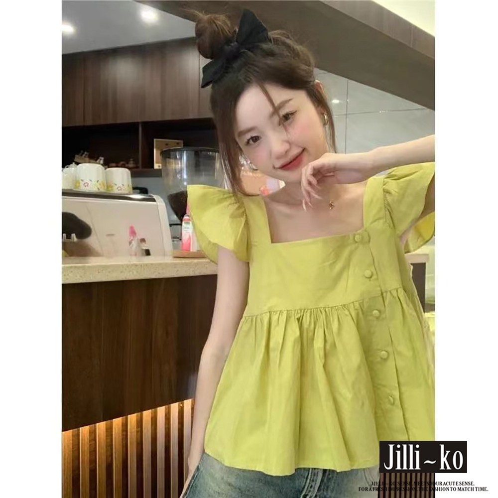 JILLI-KO 方領設計感不規則減齡小飛袖娃娃衫- 黃綠