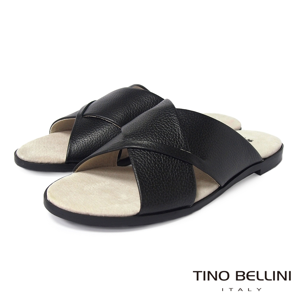 Tino Bellini 時尚簡約交叉造型牛皮平底涼拖鞋-黑