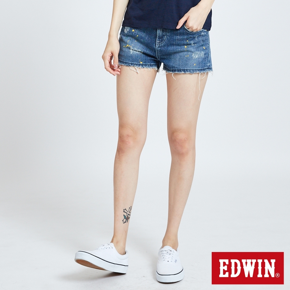 EDWIN 503 重加工潑漆牛仔短褲-女-中古藍