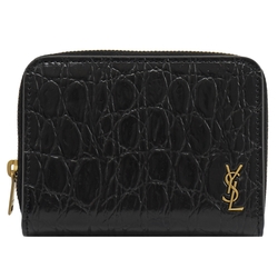 YSL Saint Laurent 質感金屬LOGO鱷魚壓紋牛皮釦式零錢短夾(黑)