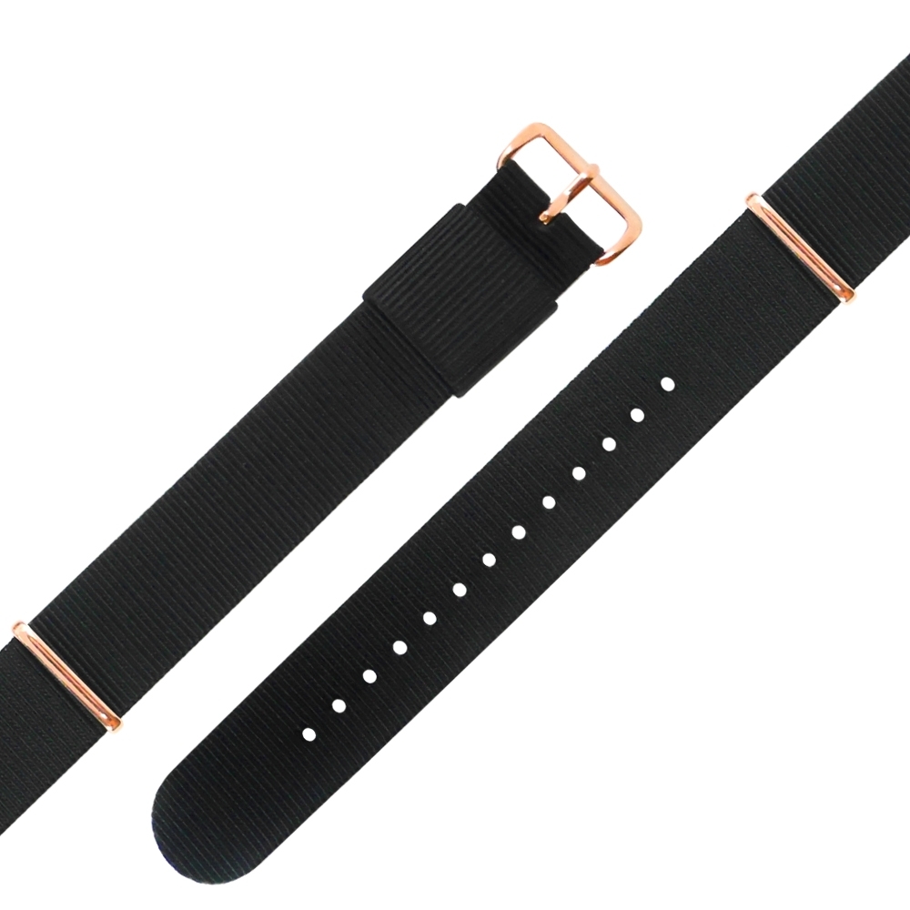 Watchband DW 各品牌通用 鍍玫瑰金不鏽鋼扣頭 尼龍錶帶-黑色