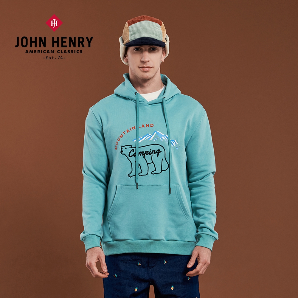 JOHN HENRY Camping北極熊刺繡純棉連帽T-藍綠