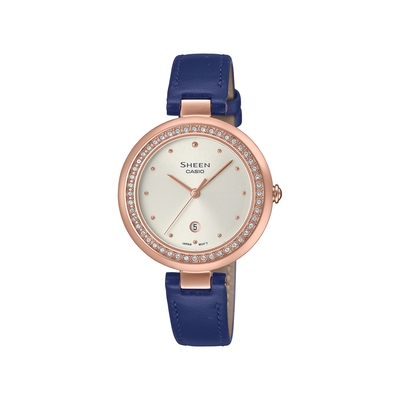 CASIO卡西歐 SHEEN 耀眼奢華 水晶點綴錶圈 日期顯示窗 藍寶石水晶玻璃 皮革錶帶 SHE-4556PGL-7A_32mm