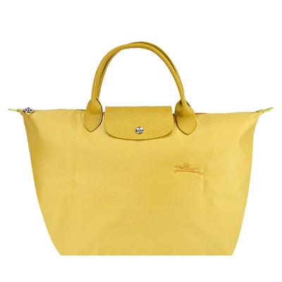 LONGCHAMP LE PLIAGE GREEN系列刺繡短把再生尼龍摺疊水餃包(中/粉黃)