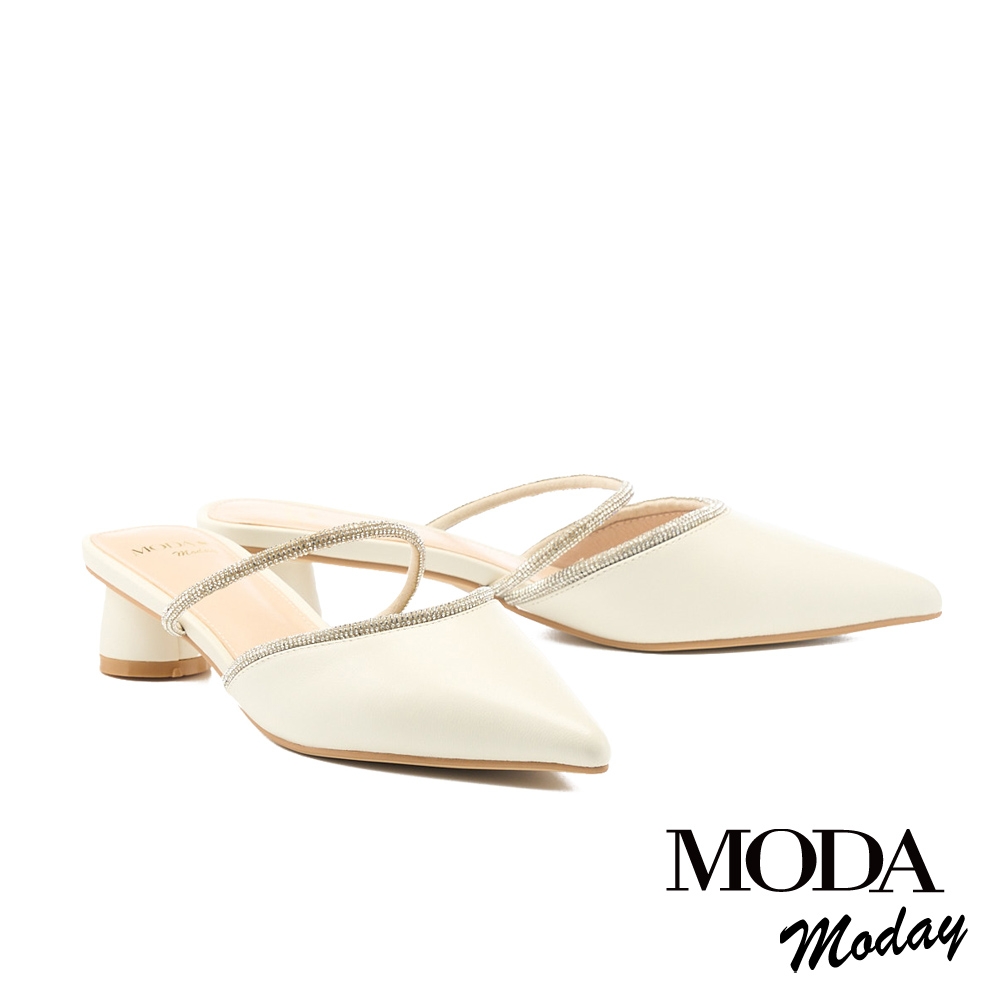 穆勒鞋 MODA MODAY 華麗鑽條羊皮尖頭低跟穆勒拖鞋－白