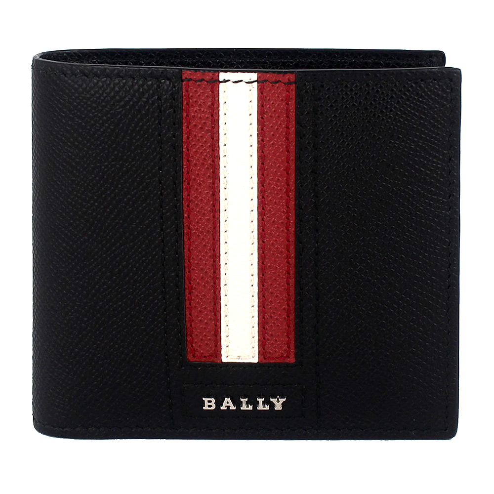 BALLY TRASAI品牌字樣經典紅白條紋黑色皮革短夾(8卡)