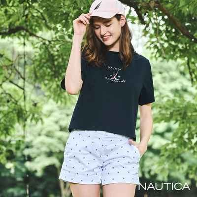 Nautica女裝 滿版帆船刺繡條紋短褲-藍色