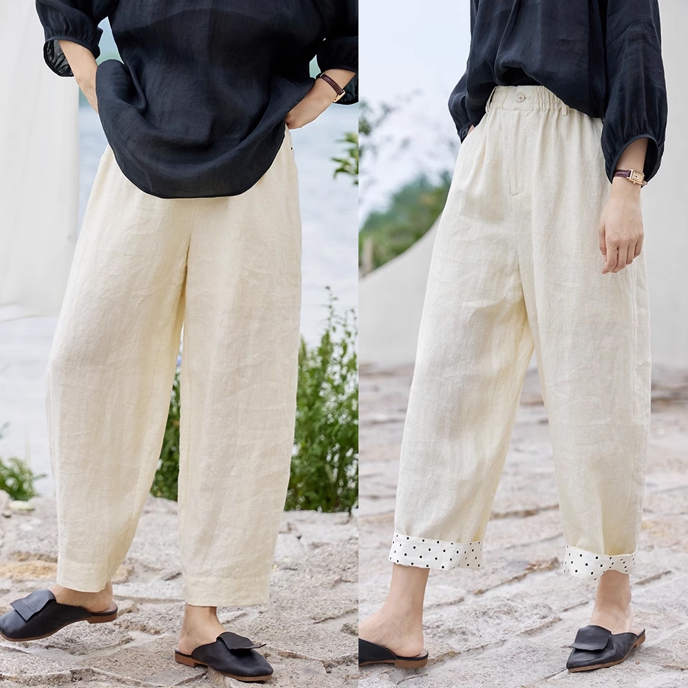 100%法國炒色砂洗亞麻寬鬆直筒休閒褲-設計所在-獨家高端限量系列