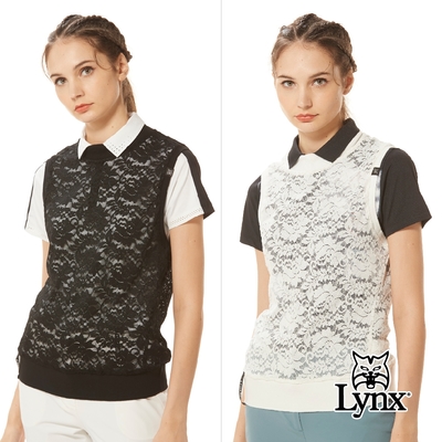 【Lynx Golf】korea女款韓國進口商品山貓夾標造型蕾絲花紋布料設計無袖背心(二色)
