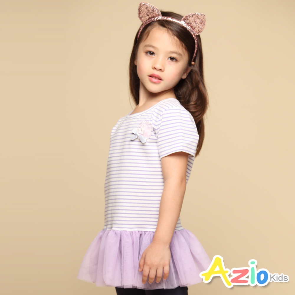 Azio kids美國派 女童 上衣 立體花朵下擺網紗橫條紋短袖上衣(紫)