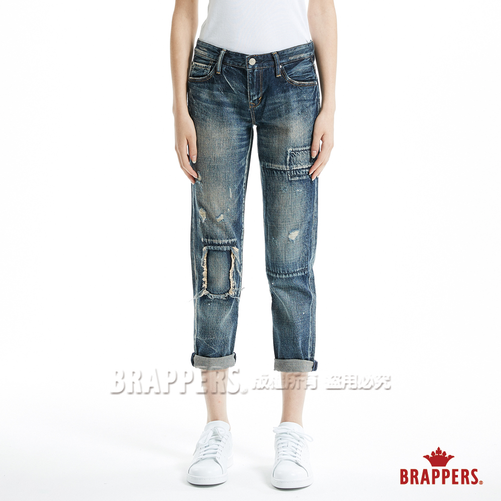 BRAPPERS 女款 BoyFriendJeans系列-大破補丁八分反摺褲-深藍