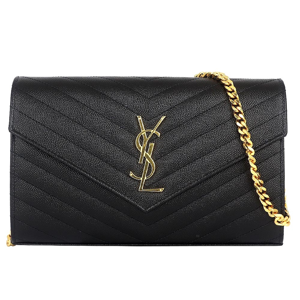 YSL MONOGRAM 黑色V型縫線珍珠紋皮金鍊手拿/斜背包(10卡)