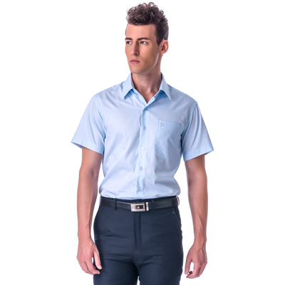 金‧安德森 藍色寬暗紋窄版短袖襯衫