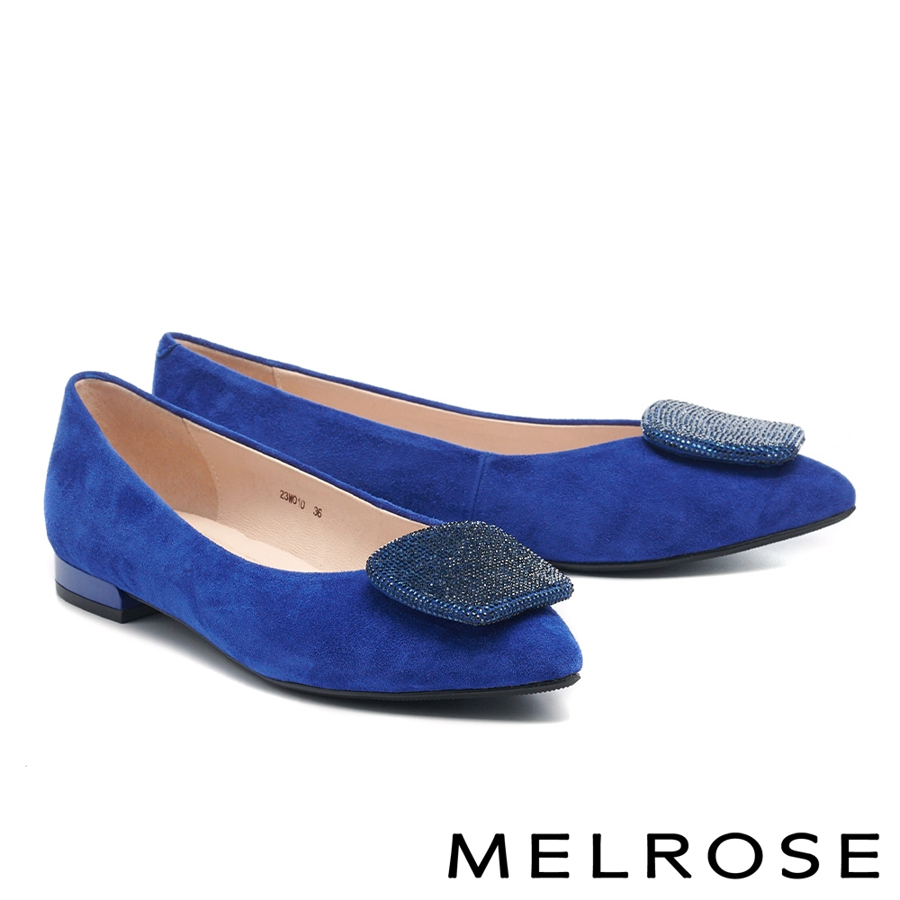 低跟鞋 MELROSE 美樂斯 璀璨時髦晶鑽方釦羊麂皮尖頭低跟鞋－藍