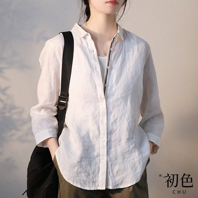 初色 棉麻風彩色織帶純色翻領八分長袖襯衫上衣-共2色-32887(M-2XL可選)