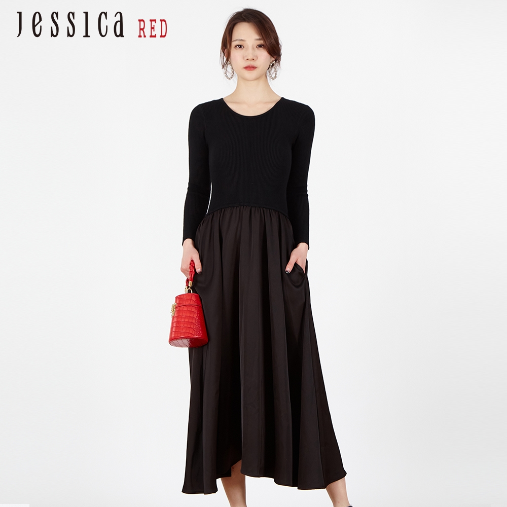 JESSICA RED - 百搭顯瘦針織拼接長袖圓領長洋裝832Z79（黑）