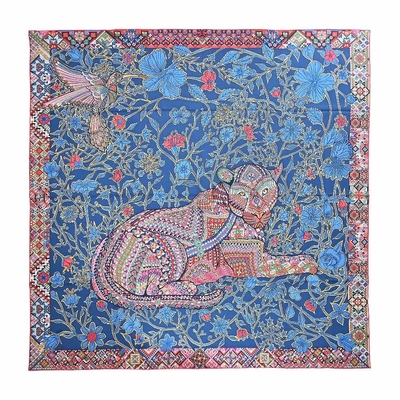 Hermes 愛馬仕 Le Jaguar et Le Colibri 140 cm手工捲邊喀什米爾與真絲混紡方巾(海軍藍/紅/玫瑰)