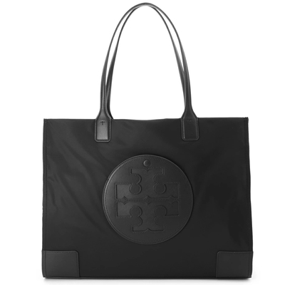 TORY BURCH ELLA系列 縫線皮革大LOGO尼龍肩背托特包(大款/經典黑)