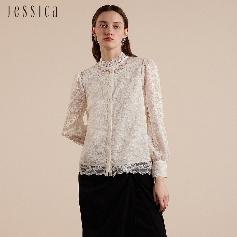 JESSICA - 甜美花卉蕾絲透膚長袖襯衫J30530