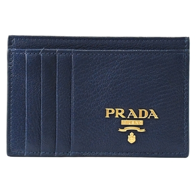 PRADA 金屬LOGO質感山羊皮8卡隨身卡片夾/證件夾(墨水藍)