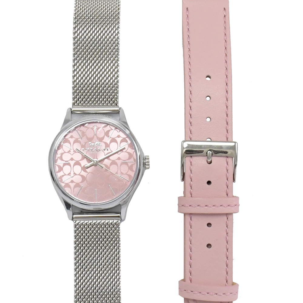 COACH 經典C字印花錶盤不銹鋼皮革雙表帶女仕腕錶(粉/銀)
