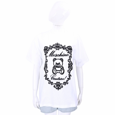 MOSCHINO 泰迪熊織花寬鬆版純棉白色短袖TEE T恤(女款)