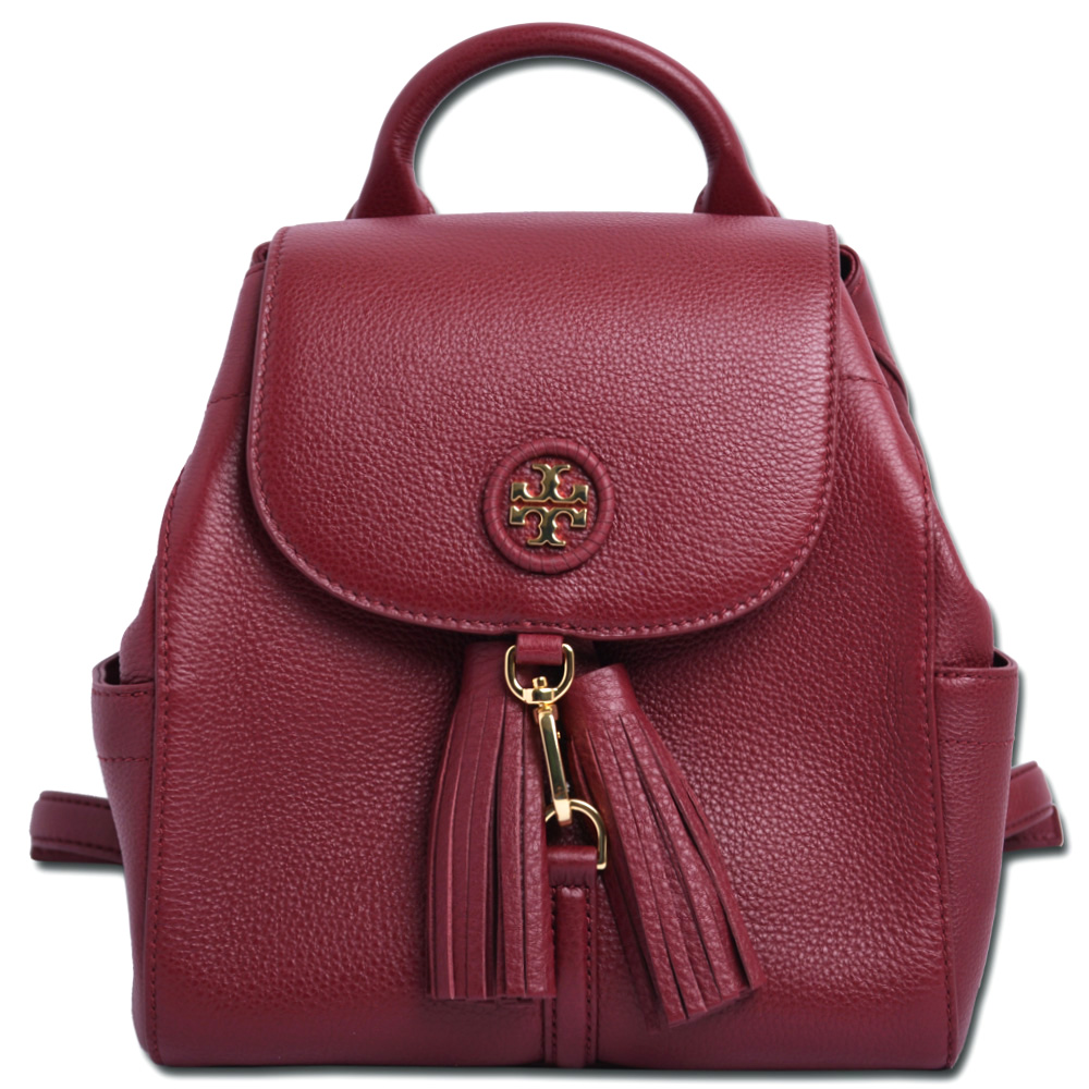 TORY BURCH WHIPSTITCH 流蘇飾荔枝紋精緻LOGO翻蓋束口後背包-石榴紅