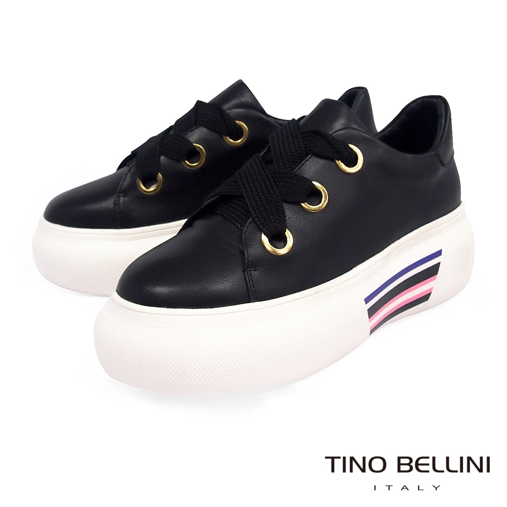 Tino Bellini 俏皮真皮綁帶厚底休閒鞋_黑