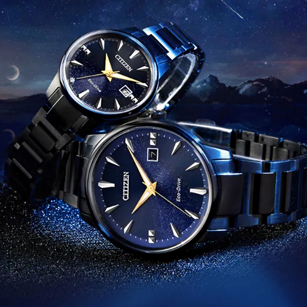 CITIZEN 星辰 亞洲限定 光動能情侶手錶 對錶-銀河藍 BM7528-86L+EW2598-83L