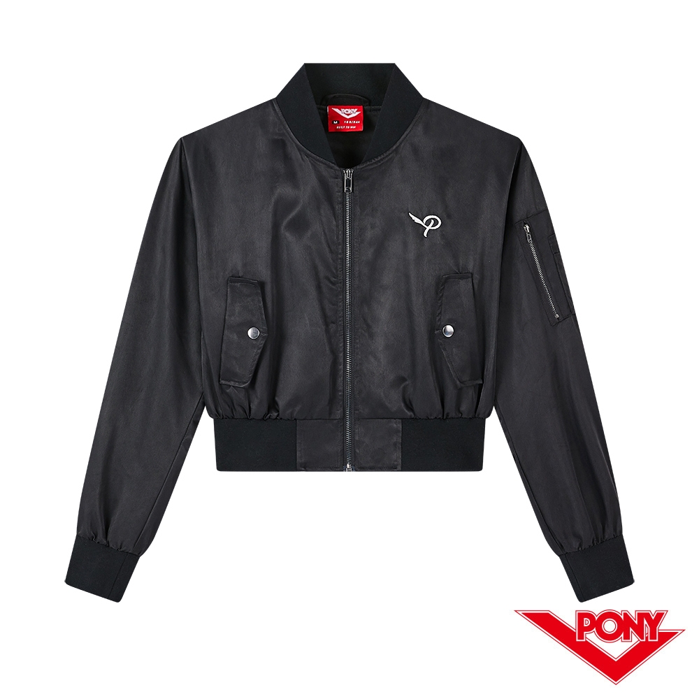 【PONY】立領短版飛行夾克 拉鍊外套 女性-黑色 20+系列