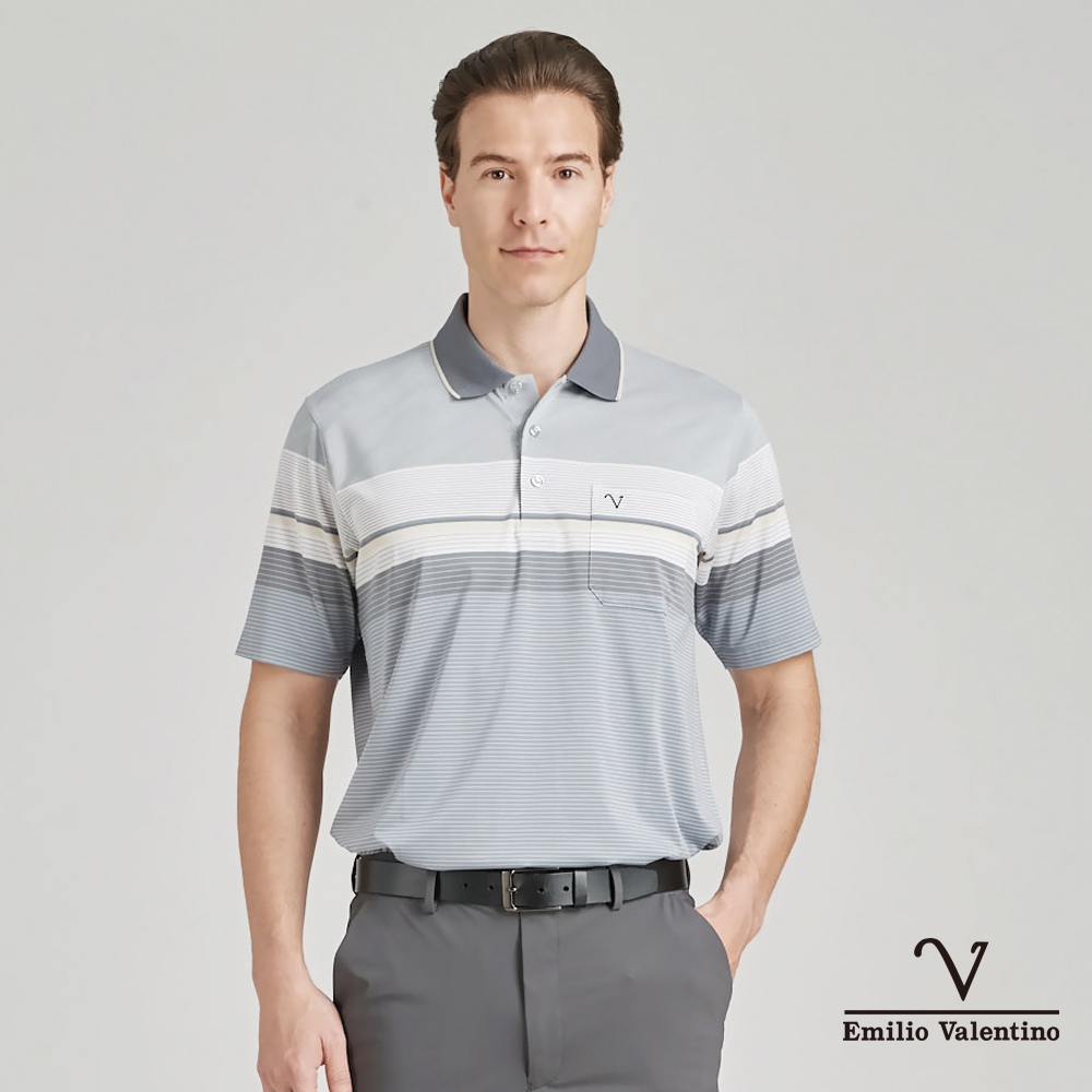 【Emilio Valentino范倫鐵諾】男裝吸排涼感彈性短袖POLO衫-灰/黃(66-4V8126)