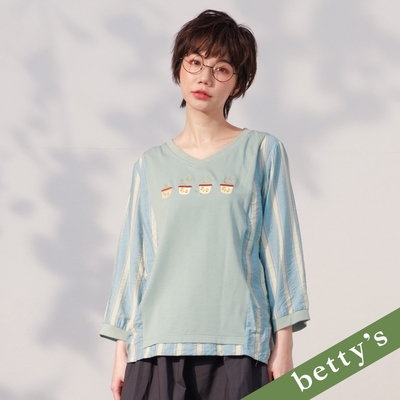 betty’s貝蒂思 交叉羅紋領條紋七分袖上衣(淺綠)
