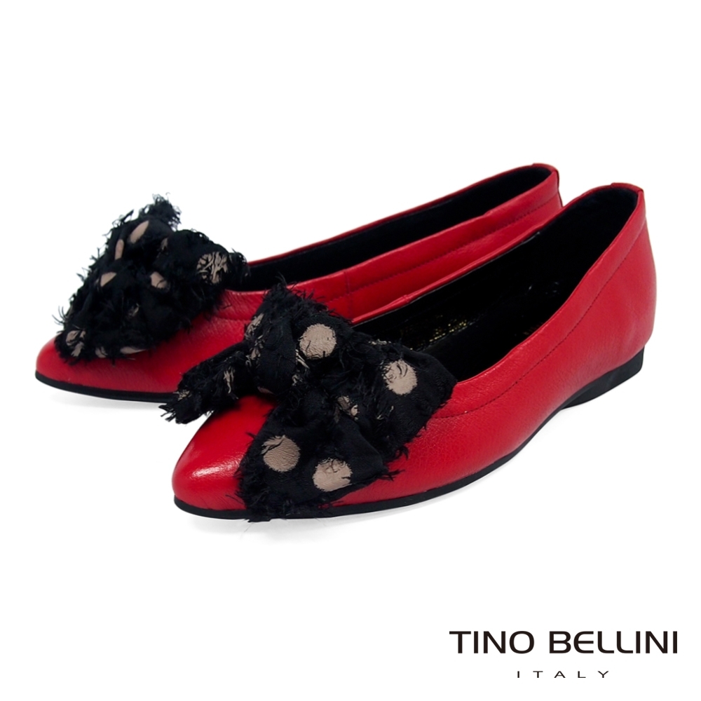 Tino Bellini絲帶蝴蝶結全真皮柔軟尖頭娃娃鞋_紅