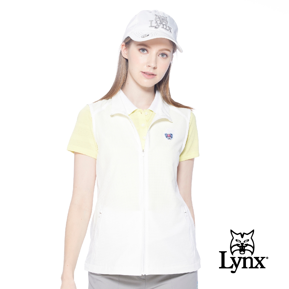【Lynx Golf】女款吸濕快乾透氣易溶紗材質反光印花脇邊剪裁設計無袖背心-白色