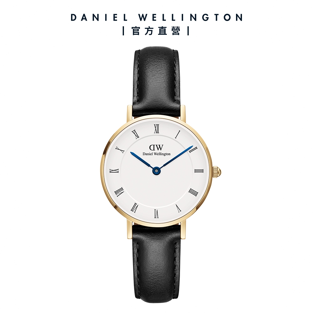 Daniel Wellington DW PETITE Roman numerals 28mm 小藍針系列寂靜黑皮革錶-白錶盤-香檳金框