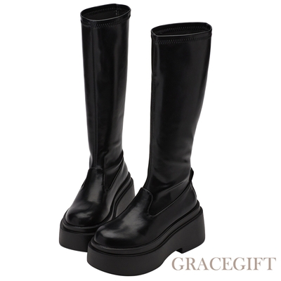 【Grace Gift】逆天長腿襪套厚底長靴 黑