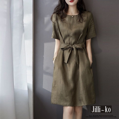 JILLI-KO 夏季新款圓領氣質顯瘦繫腰帶舒適連衣裙- 墨綠