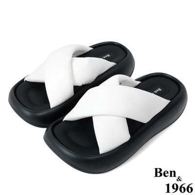 Ben&1966高級柔軟綿羊皮交叉帶厚底涼拖鞋-白(236513)
