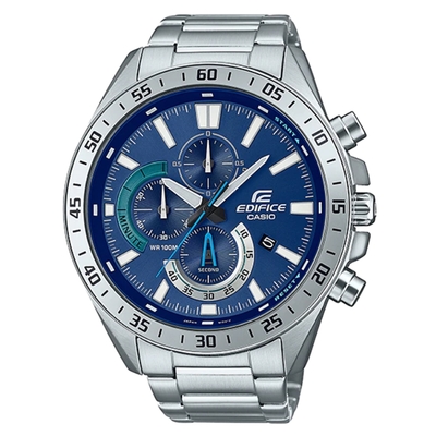 CASIO EDIFICE 簡約大方經典三針三眼計時腕錶-藍面X銀框(EFV-620D-2A)/50.5mm