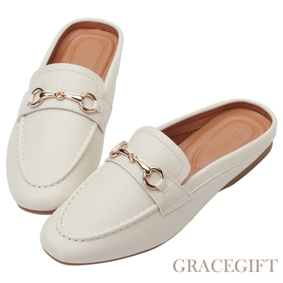 【Grace Gift】英倫時尚馬銜扣平底穆勒拖鞋 米白
