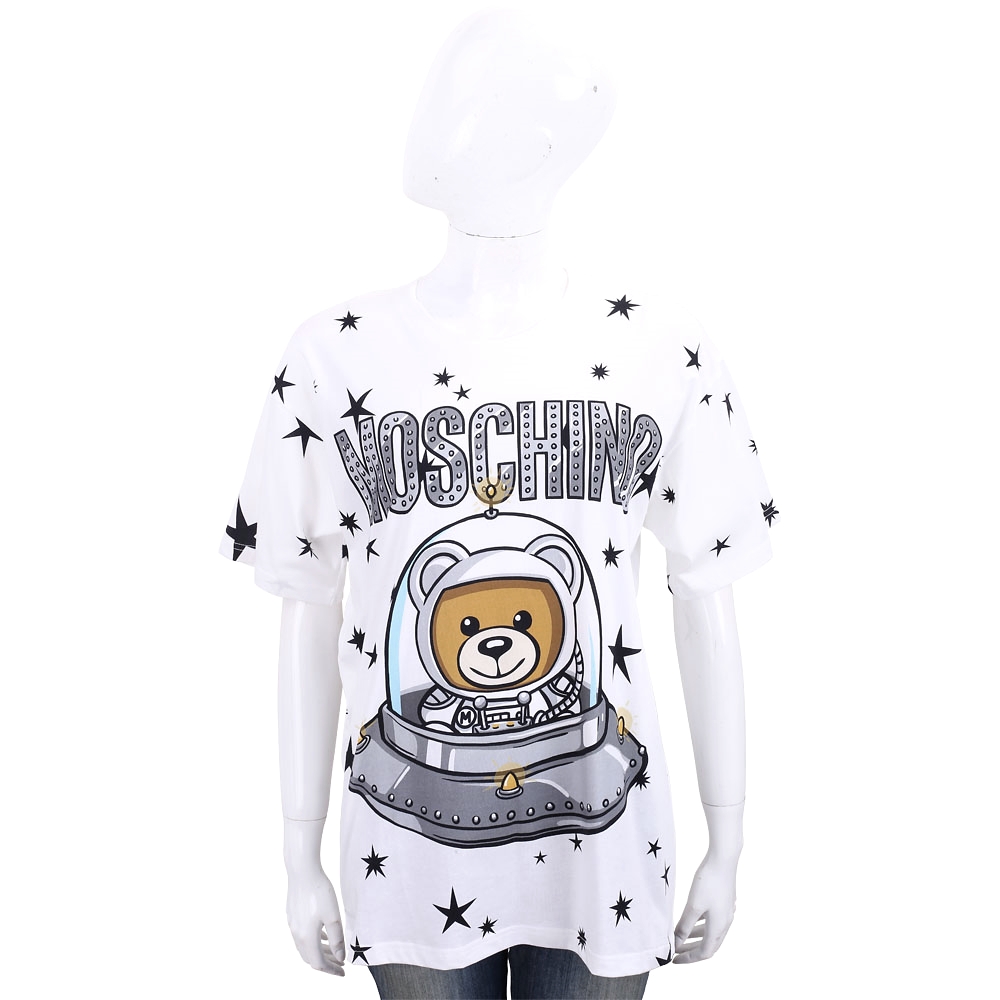 MOSCHINO 太空熊星星圖案白色棉質長版短袖T恤