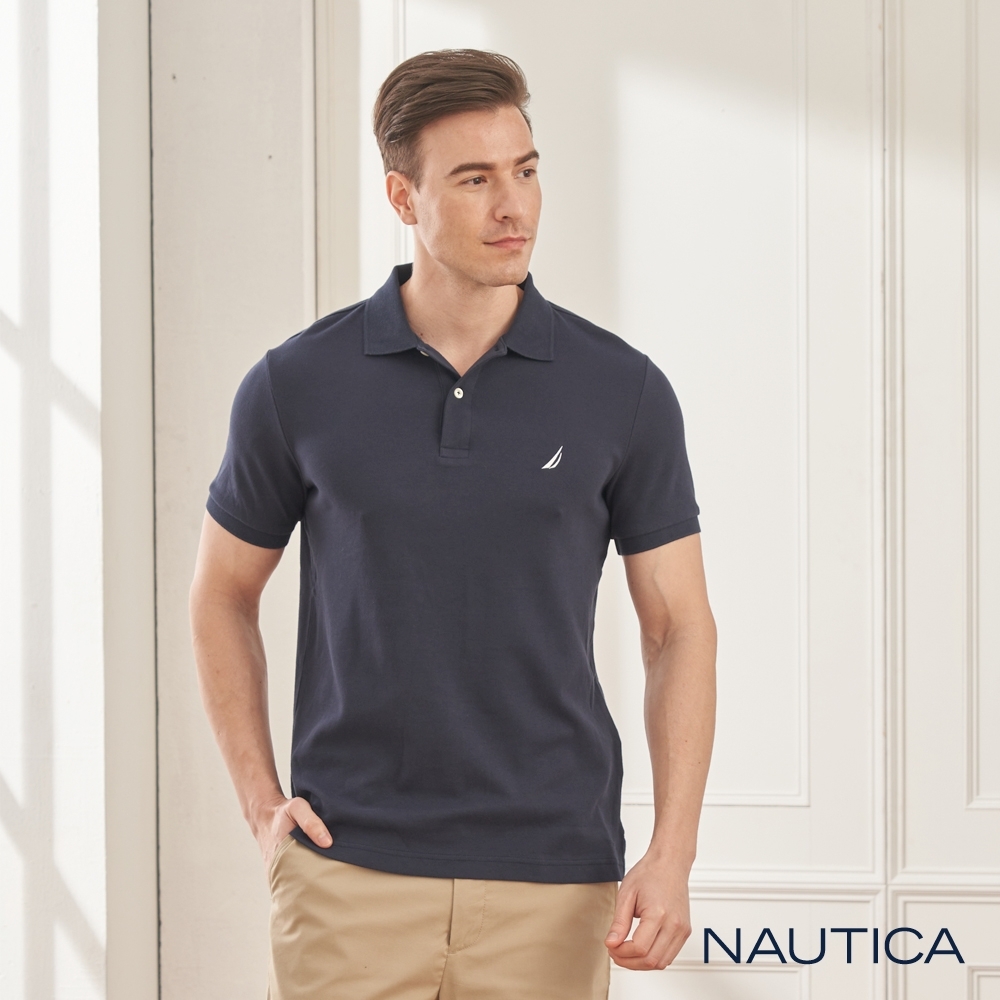 Nautica簡約素色純棉短袖POLO衫-深藍
