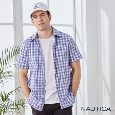 Nautica 男裝 吸濕排汗經典質感格紋短袖襯衫-紫