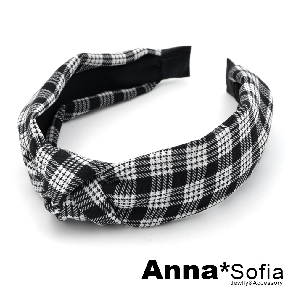 AnnaSofia 復古細格中央結 韓式寬髮箍(黑白系)