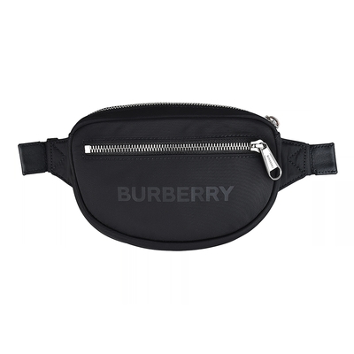 BURBERRY英文燙印灰字LOGO精緻尼龍拉鍊胸掛/腰包(黑)